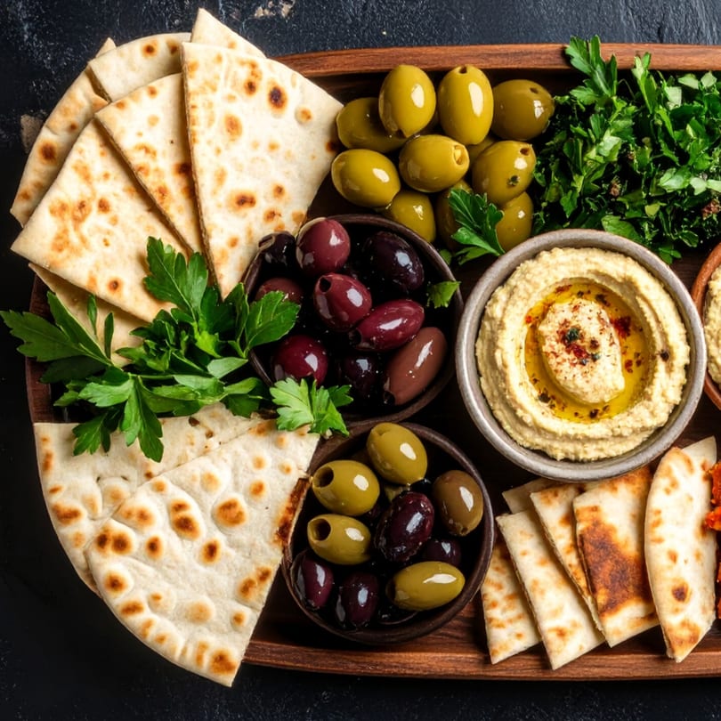A wooden tray filled with pita bread, green and black olives, hummus, and fresh parsley.